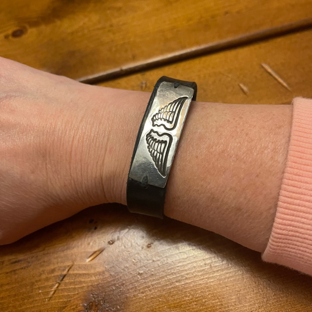 Custom handmade leather and sterling Angel wing cuff